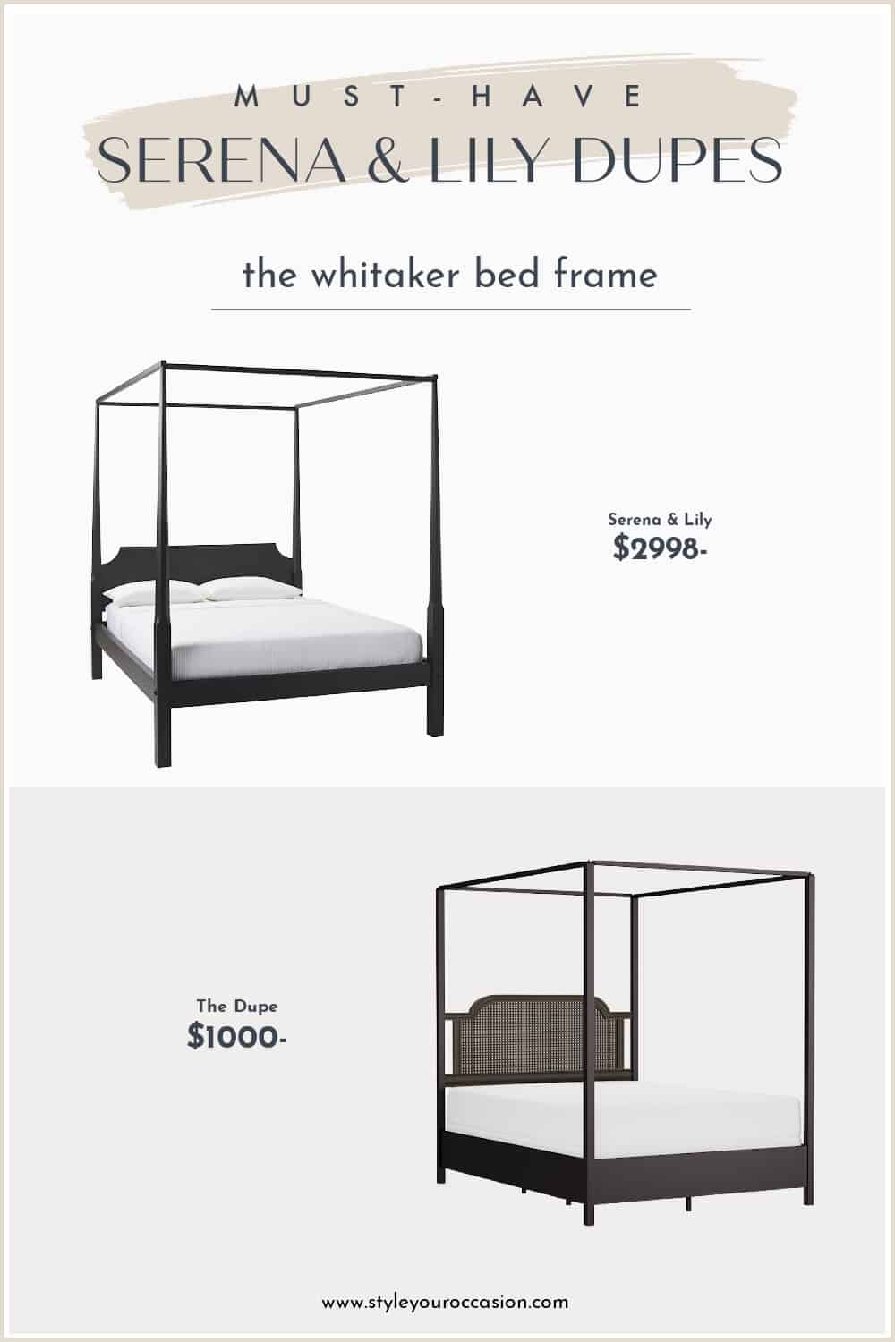 image comparing two black four poster bed frames, one Serena and Lily dupe and the original bed frame