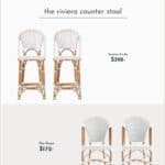 image comparing two bamboo counter stools with grey and white weaving, one Serena and Lily dupe and the original stool