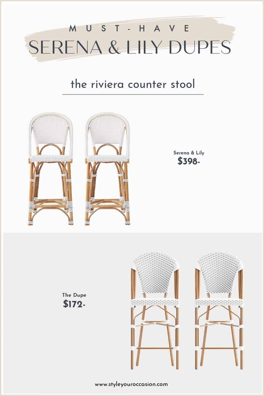 image comparing two bamboo counter stools with grey and white weaving, one Serena and Lily dupe and the original stool