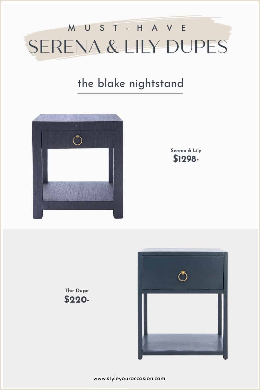 image comparing two navy blue nightstands, one Serena and Lily dupe and the original nightstand