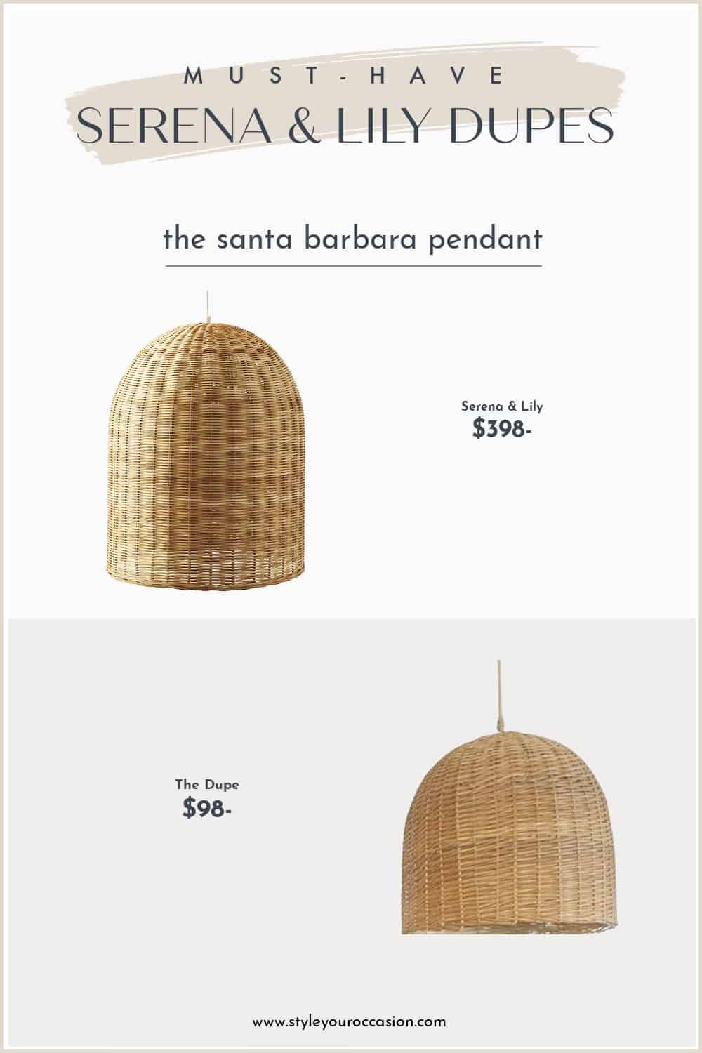 image comparing two natural rattan pendant lights, one Serena and Lily dupe and the original pendant