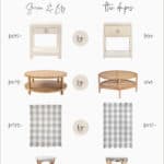 Pinterest image with Serena and Lily dupes including a nightstand, coffee table, rug, and counter stools