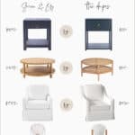 Pinterest image with Serena and Lily dupes including a nightstand, coffee table, armchair, and counter stools