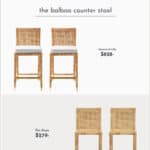 image comparing two natural rattan counter stools, one Serena and Lily dupe and the original stool