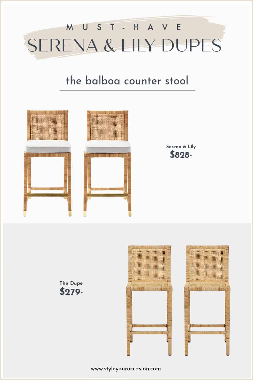 image comparing two natural rattan counter stools, one Serena and Lily dupe and the original stool