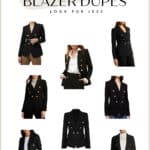 collage of women wearing black blazers with gold buttons and text overlay "Must-see Balmain Blazer Dupes"