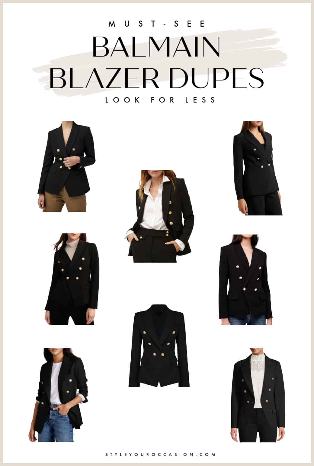 collage of women wearing black blazers with gold buttons and text overlay "Must-see Balmain Blazer Dupes"