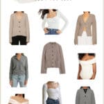 Pinterest collage of nine cardigan sweaters, knit tops, and off-the-shoulder tops that are dupes of the Khaite brand pieces