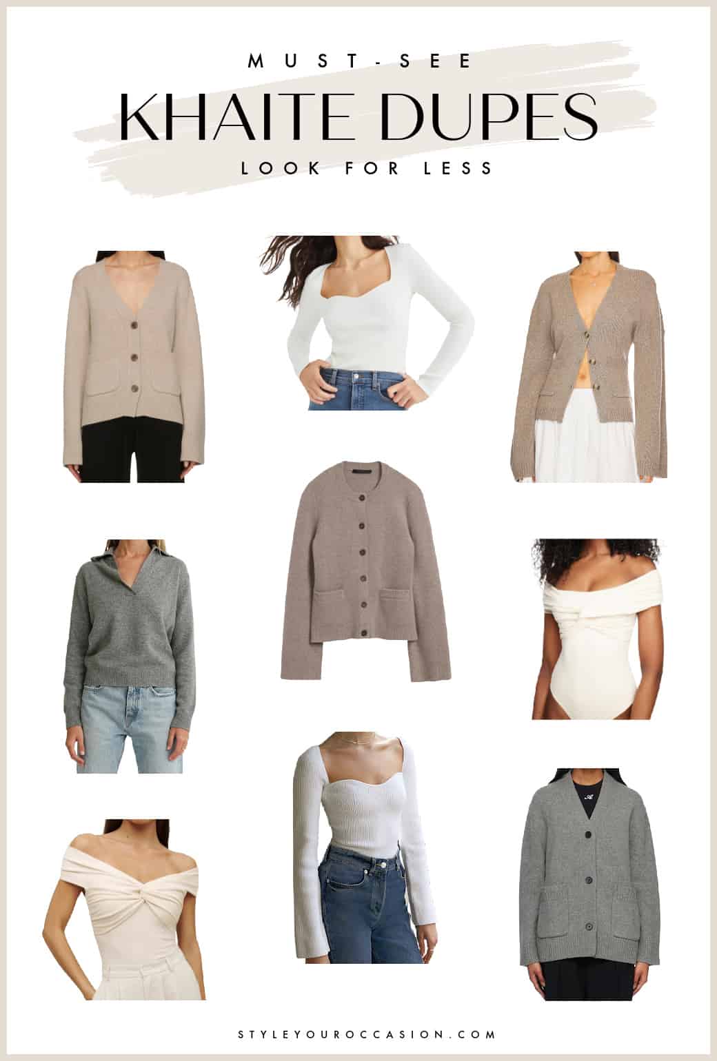 Pinterest collage of nine cardigan sweaters, knit tops, and off-the-shoulder tops that are dupes of the Khaite brand pieces