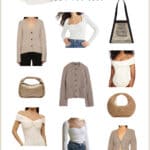 Pinterest collage of nine cardigan sweaters, knit tops, and off-the-shoulder tops, shoes, and bags that are dupes of the Khaite brand pieces