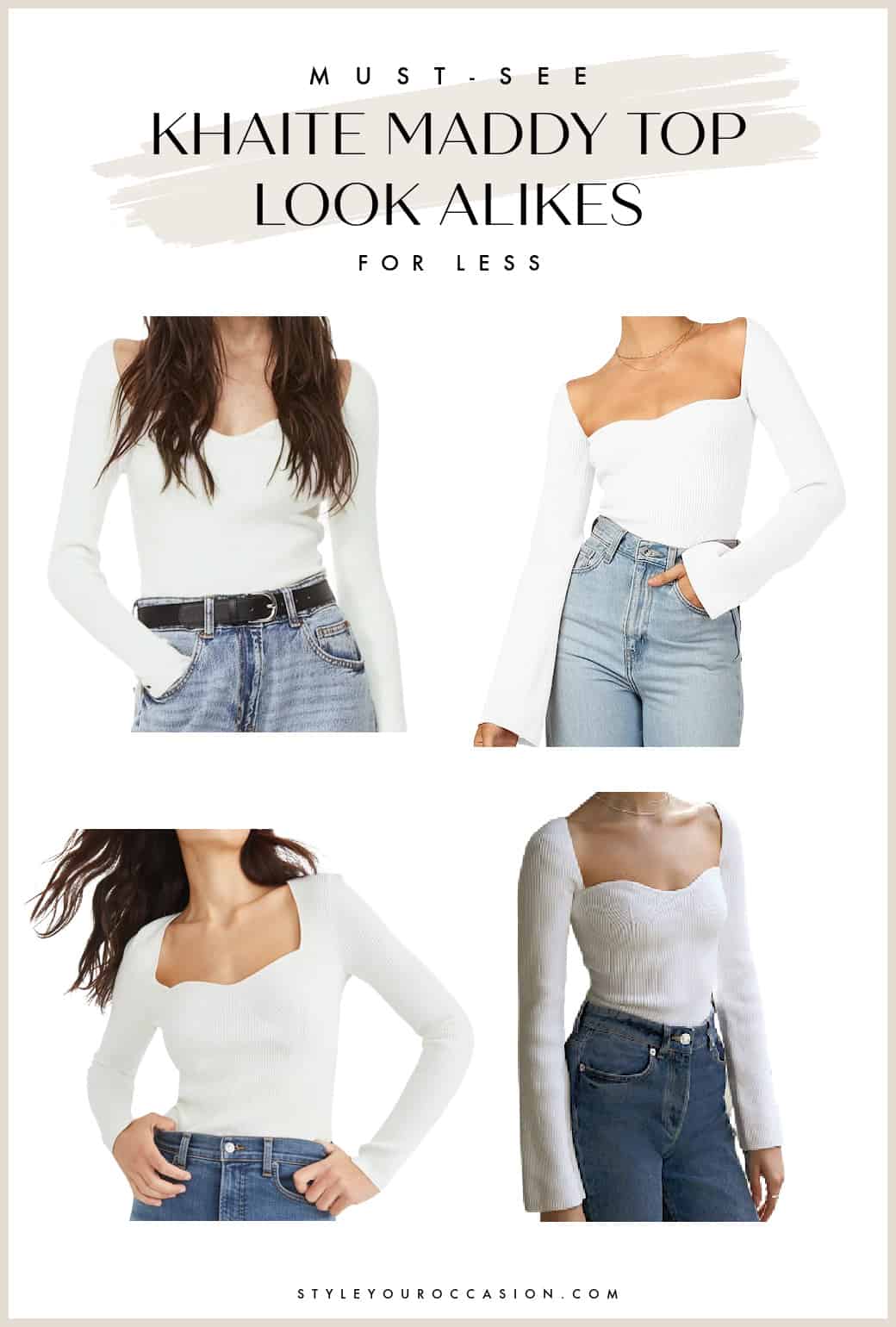 Pinterest collage of four white knit tops that look like the Khaite Maddy top for less