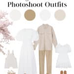 image of a spring family photoshoot outfits mood board including neutral outfits for mom, dad, and two children