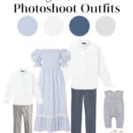 image of a spring family photoshoot outfits mood board including blue outfits for mom, dad, and two children