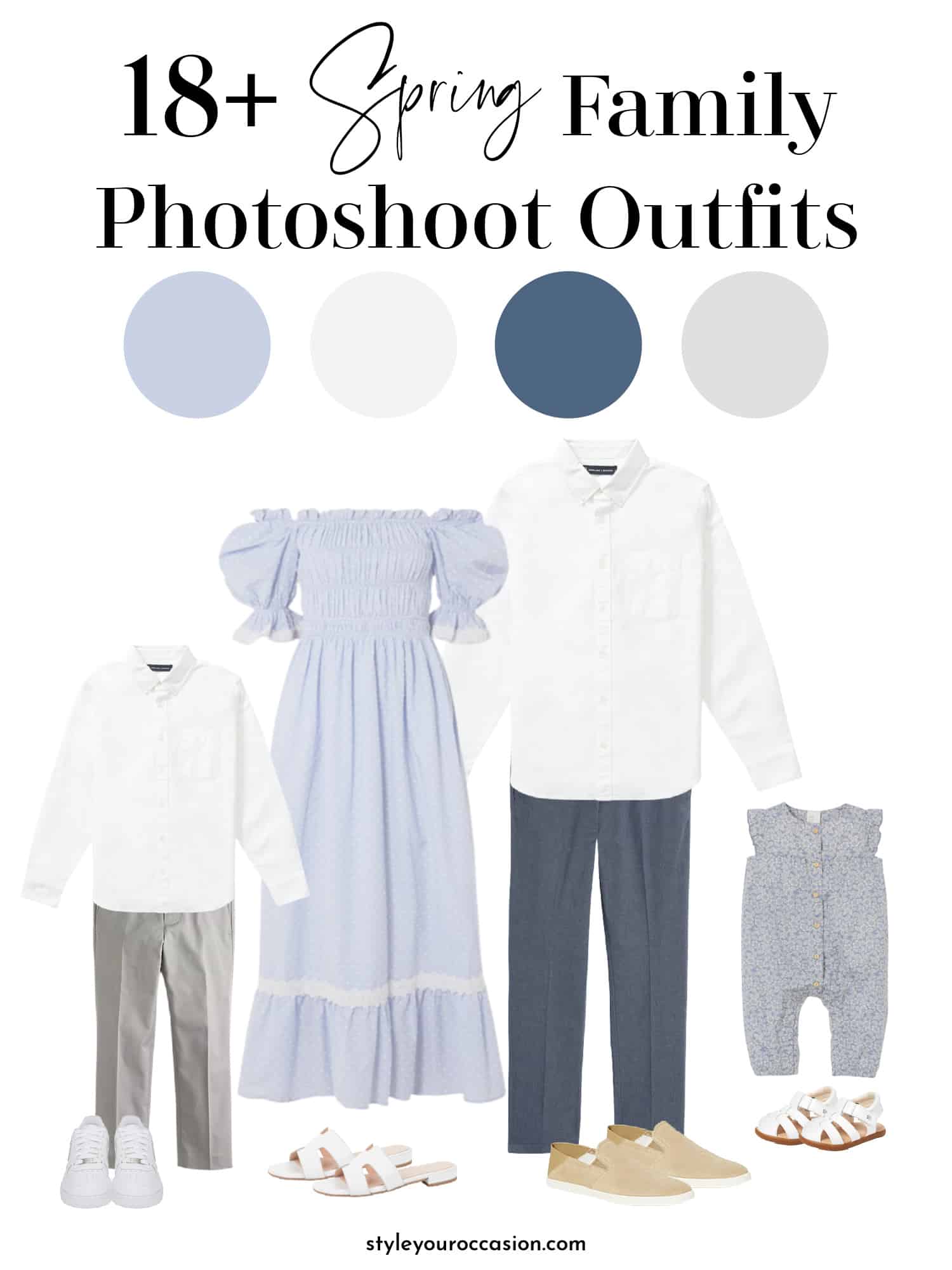 image of a spring family photoshoot outfits mood board including blue outfits for mom, dad, and two children