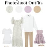image of a spring family photoshoot outfits mood board including floral patterned outfits for mom, dad, and two children