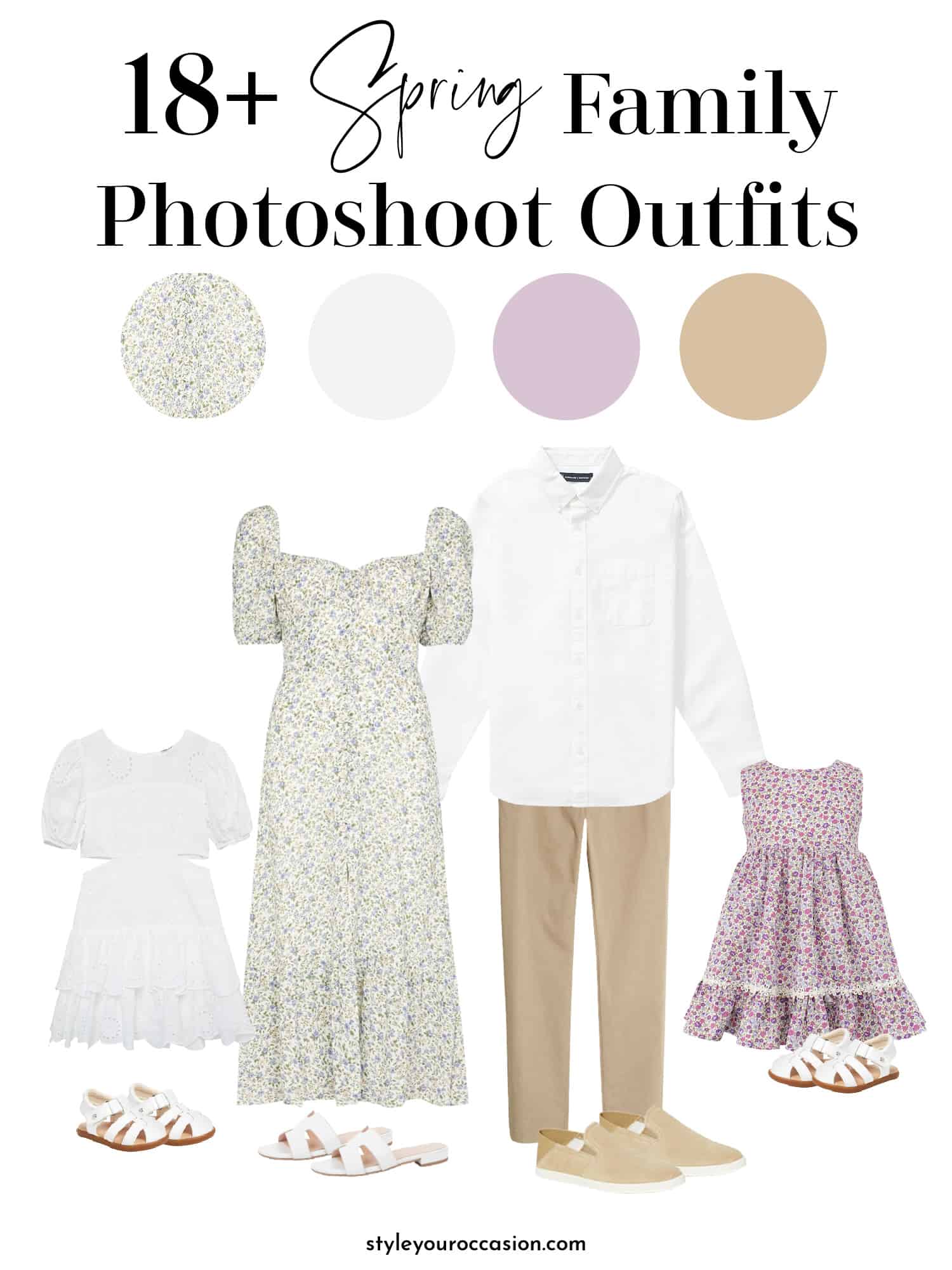 image of a spring family photoshoot outfits mood board including floral patterned outfits for mom, dad, and two children