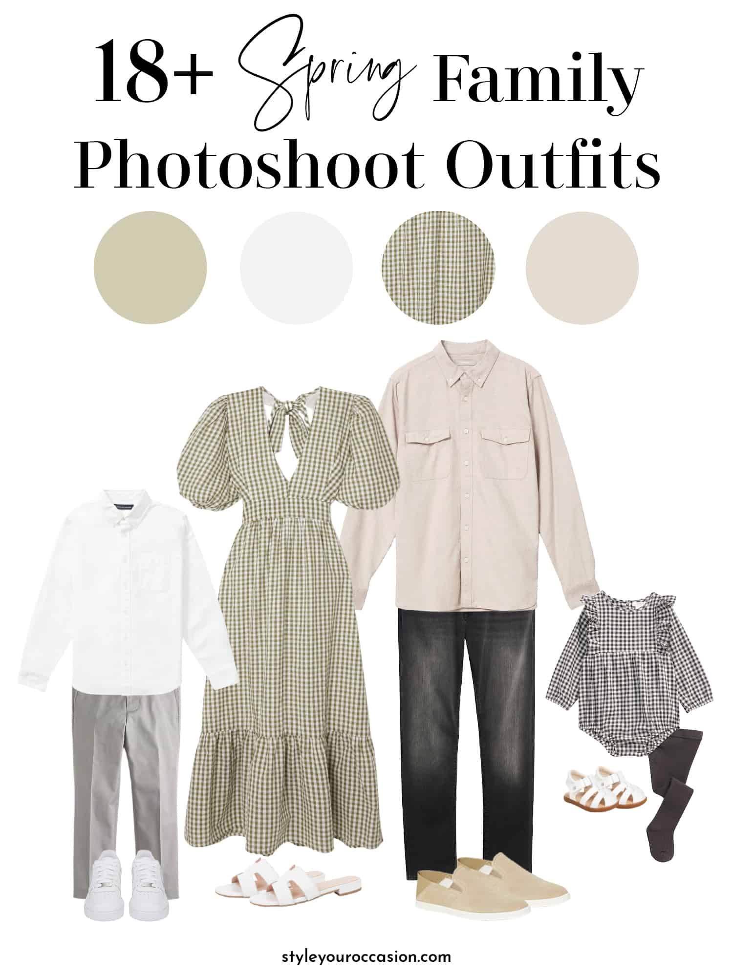 image of a spring family photoshoot outfits mood board including gingham patterned outfits for mom, dad, and two children