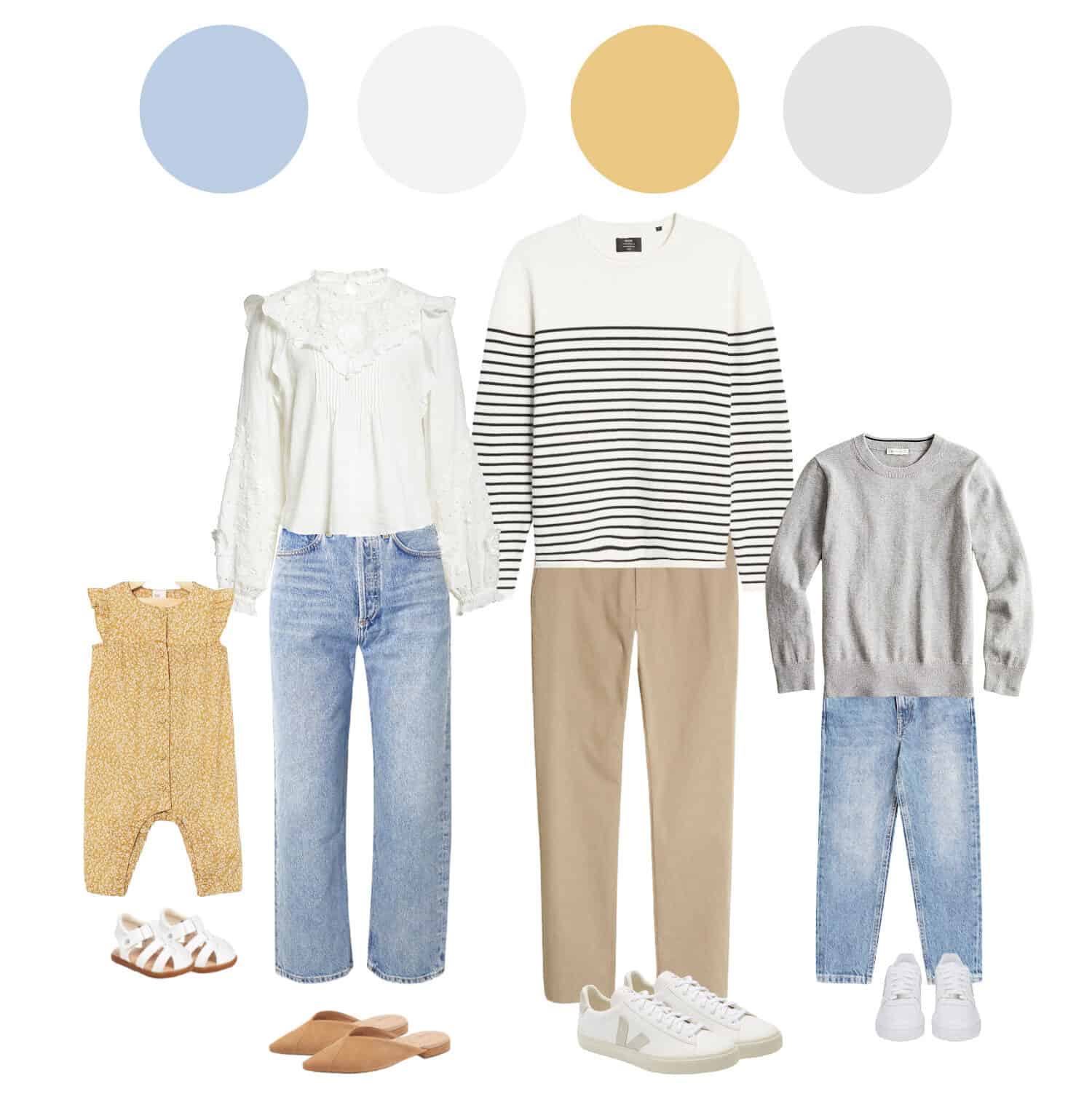 image of a spring family photoshoot outfits mood board including blush and pink colored outfits for mom, dad, and two children