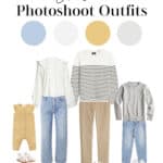 image of a spring family photoshoot outfits mood board including neutral white, denim, and yellow colored clothing for mom, dad, and two children