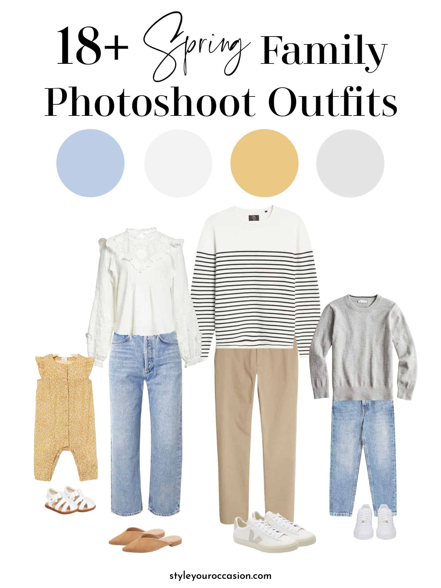 image of a spring family photoshoot outfits mood board including neutral white, denim, and yellow colored clothing for mom, dad, and two children