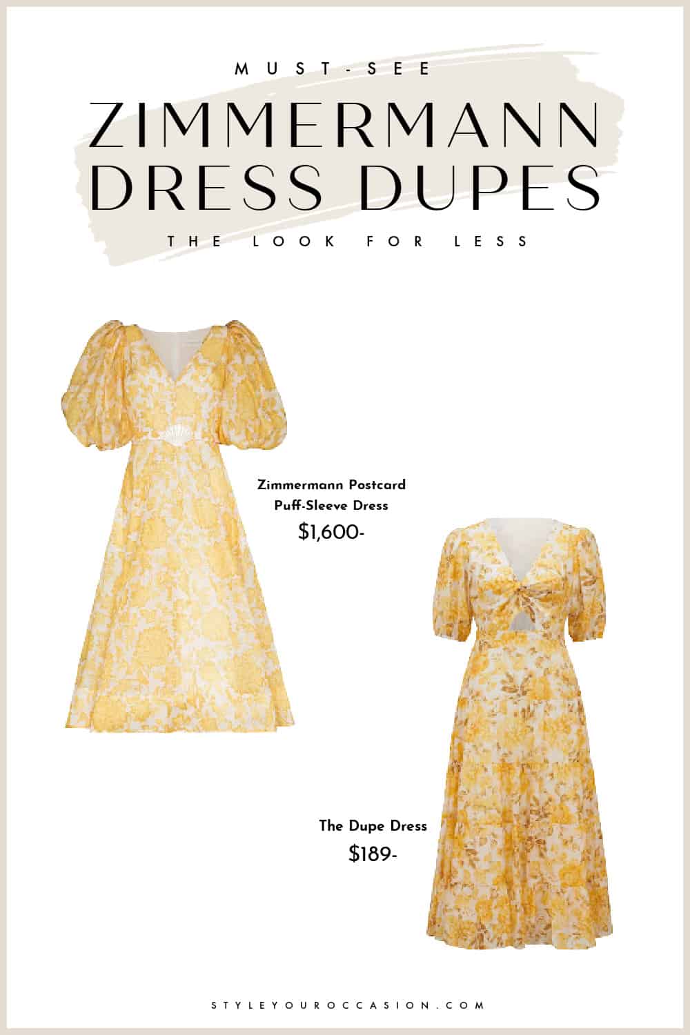 Image of a yellow puff-sleeve Zimmermann dress alongside a similar looking dress dupe