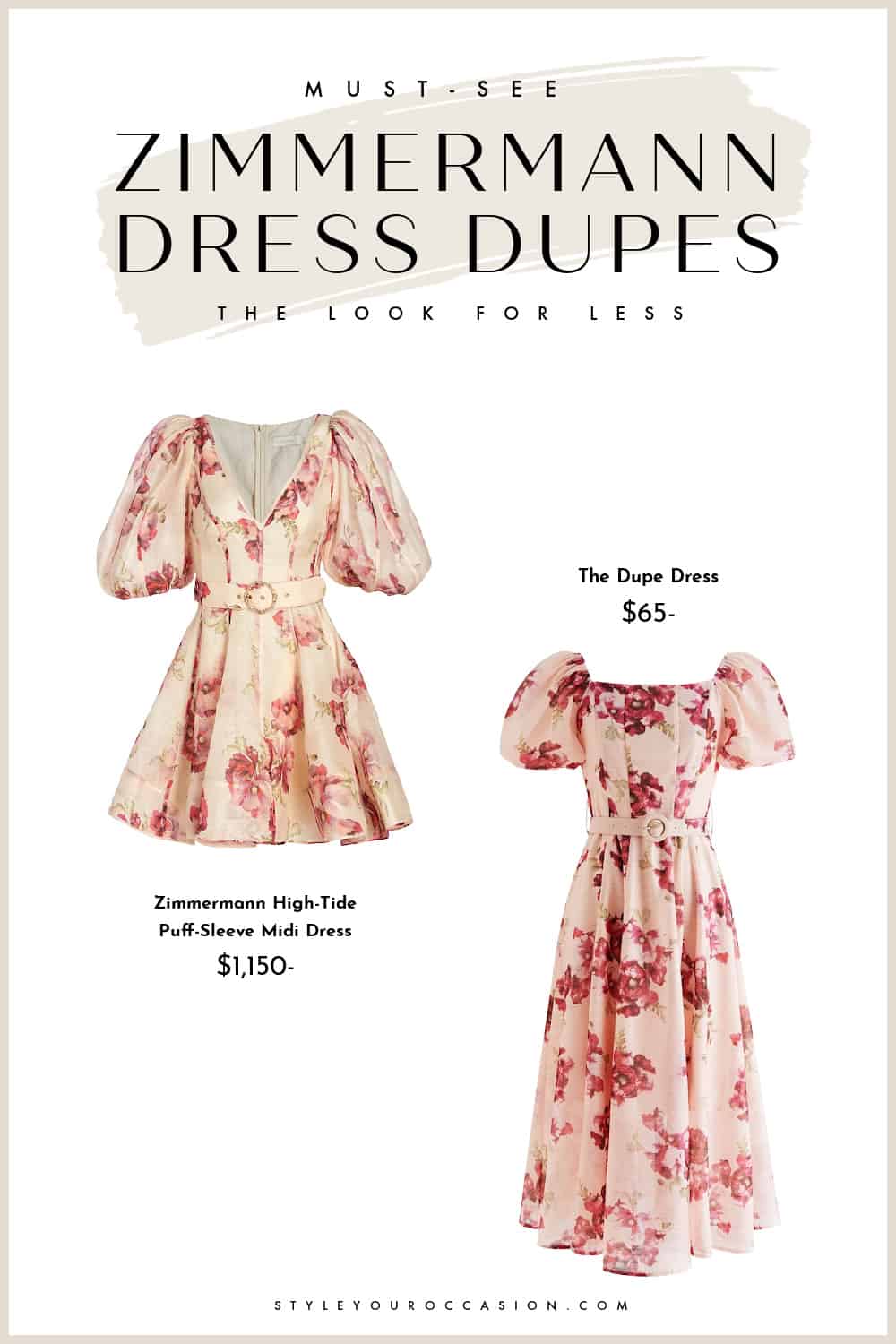 Image of a pink and white puff-sleeve floral Zimmermann dress alongside a similar looking dress dupe