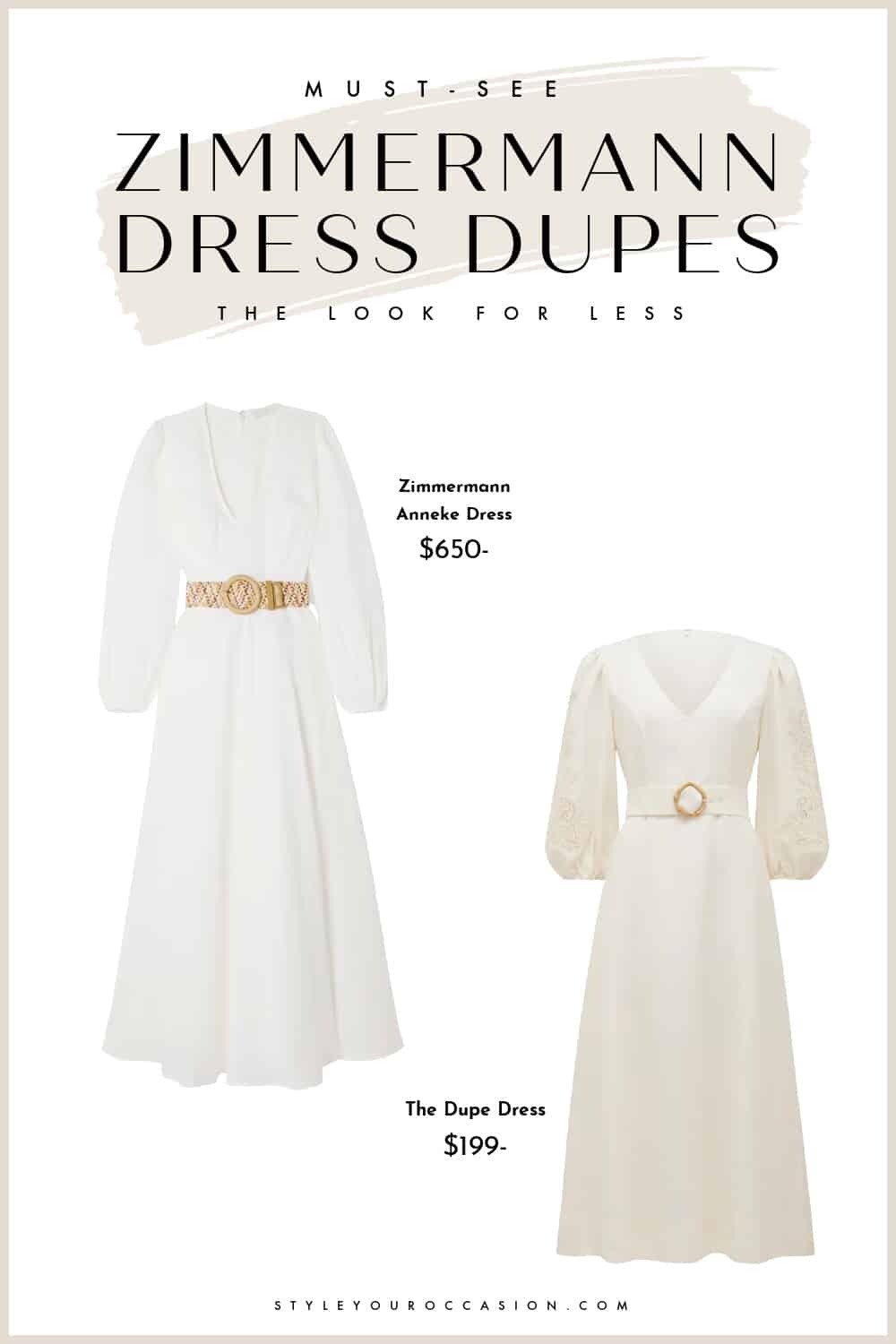 Image of a white belted Zimmermann dress alongside a similar looking dress dupe