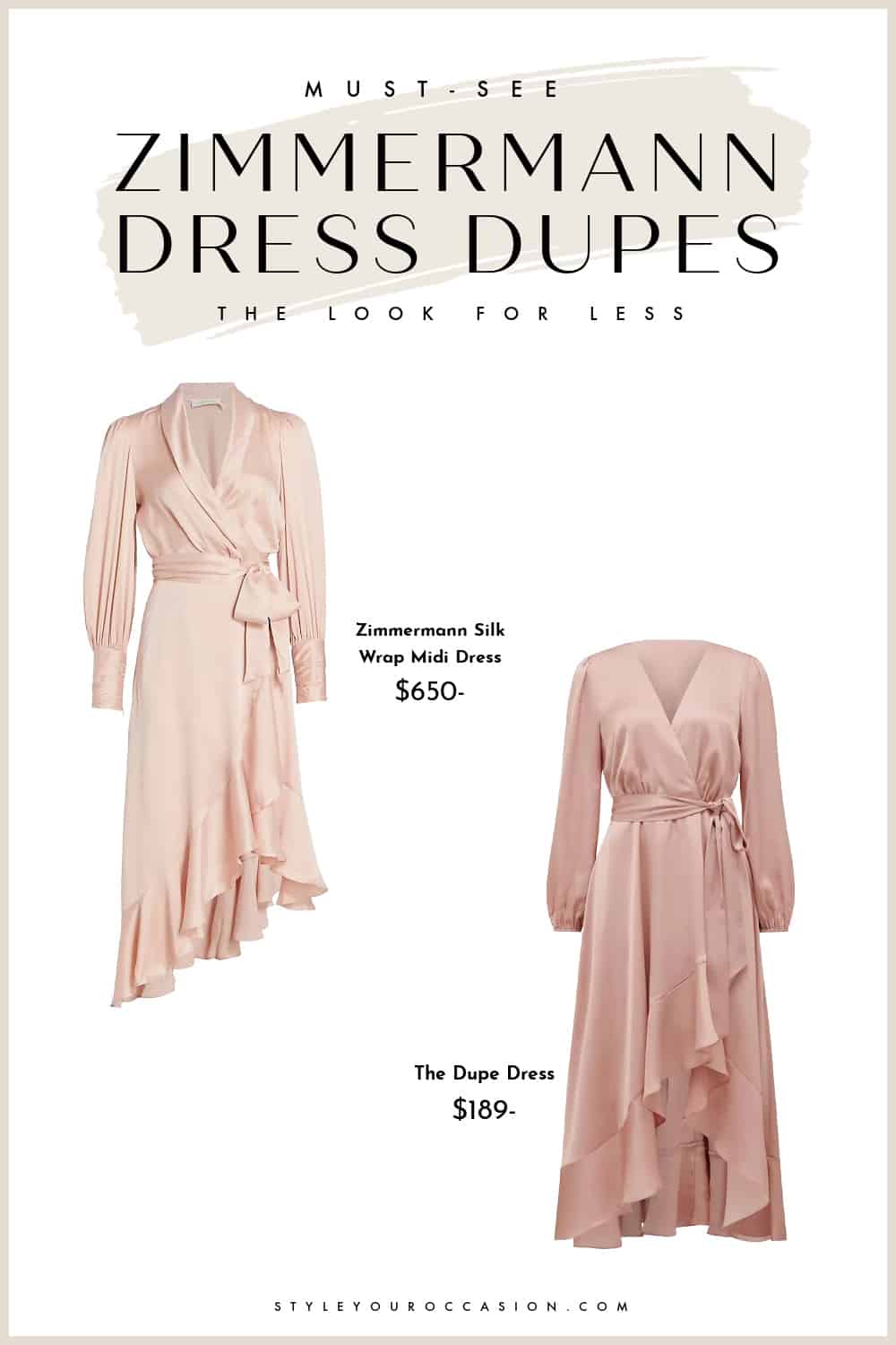 Image of a blush silk wrap Zimmermann midi dress alongside a similar looking dress dupe