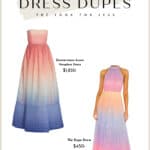 Image of a silk and linen blend colorful ombre Zimmermann maxi dress alongside a similar looking dress dupe