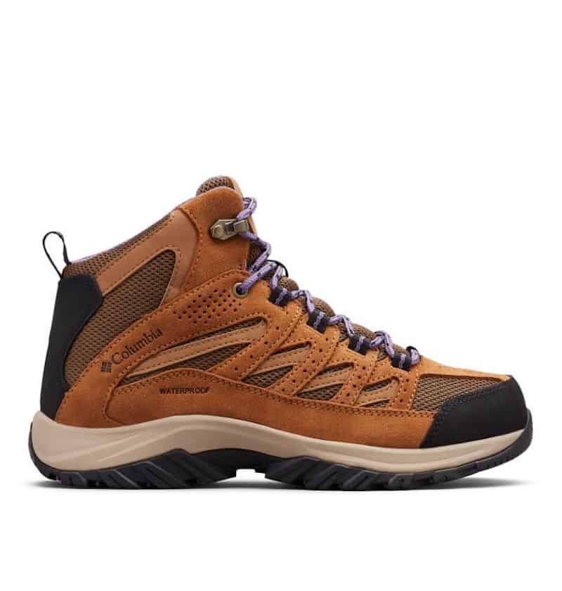 stock image of a chestnut brown Columbia hiking boot with purple laces