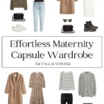 Pinterest collage of a maternity capsule wardrobe outfits for fall and winter with neutral clothing items, shoes, and accessories