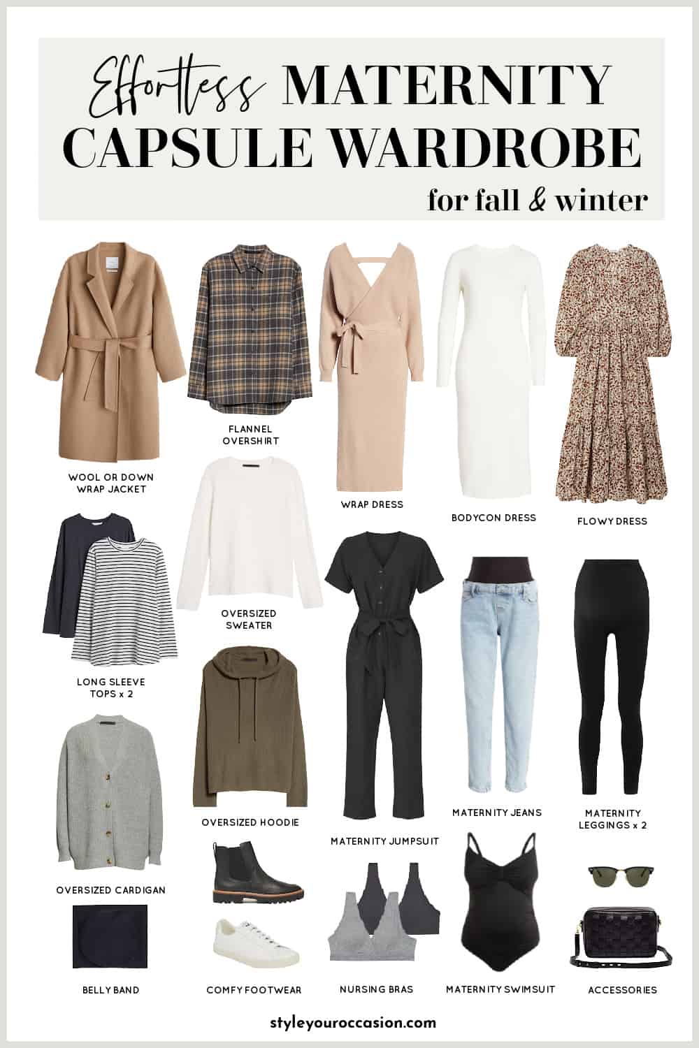 Pinterest collage of a maternity capsule wardrobe for fall and winter with neutral clothing items, shoes, and accessories