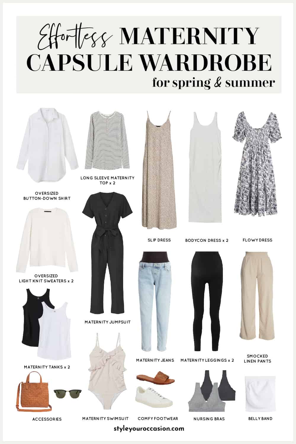 Pinterest collage of a maternity capsule wardrobe for summer and spring with neutral clothing items, shoes, and accessories