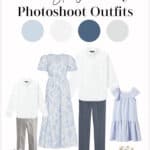 image of outfits for a spring family photoshoot with shades of blue, whites, and greys