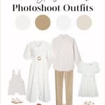 collage image of a spring family photo outfit idea with ivory, tan, white, and beige