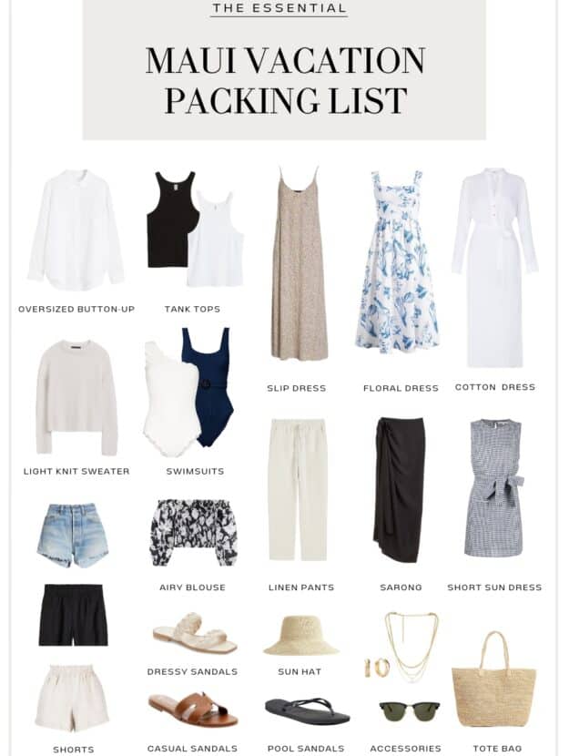 Pinterest image of a Maui packing list with neutral, coastal inspired clothing, shoes, and accessories
