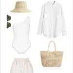 outfit collage for what to wear in Maui with a white button-up shirt, white scalloped swimsuit, beige linen shorts, and black flip flop sandals