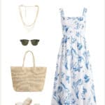 outfit collage for what to wear in Maui with a white and blue floral sun dress, straw tote, white leather sandals, sunglasses, and gold jewelry