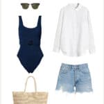 outfit collage for what to wear in Maui with a white button up shirt, denim shorts, blue swimsuit, straw tote, and black sandals