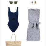 outfit collage for what to wear in Maui with a blue and white gingham short sun dress, blue swimsuit, straw tote, and brown sandals