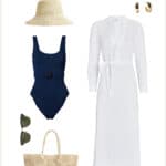 outfit collage for what to wear in Maui with a white cover up dress, blue swimsuit, straw tote, straw hat, and sunglasses