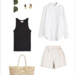 outfit collage for what to wear in Maui with a white button up shirt, black tank top, beige linen shorts, straw tote, black sandals, and sunglasses