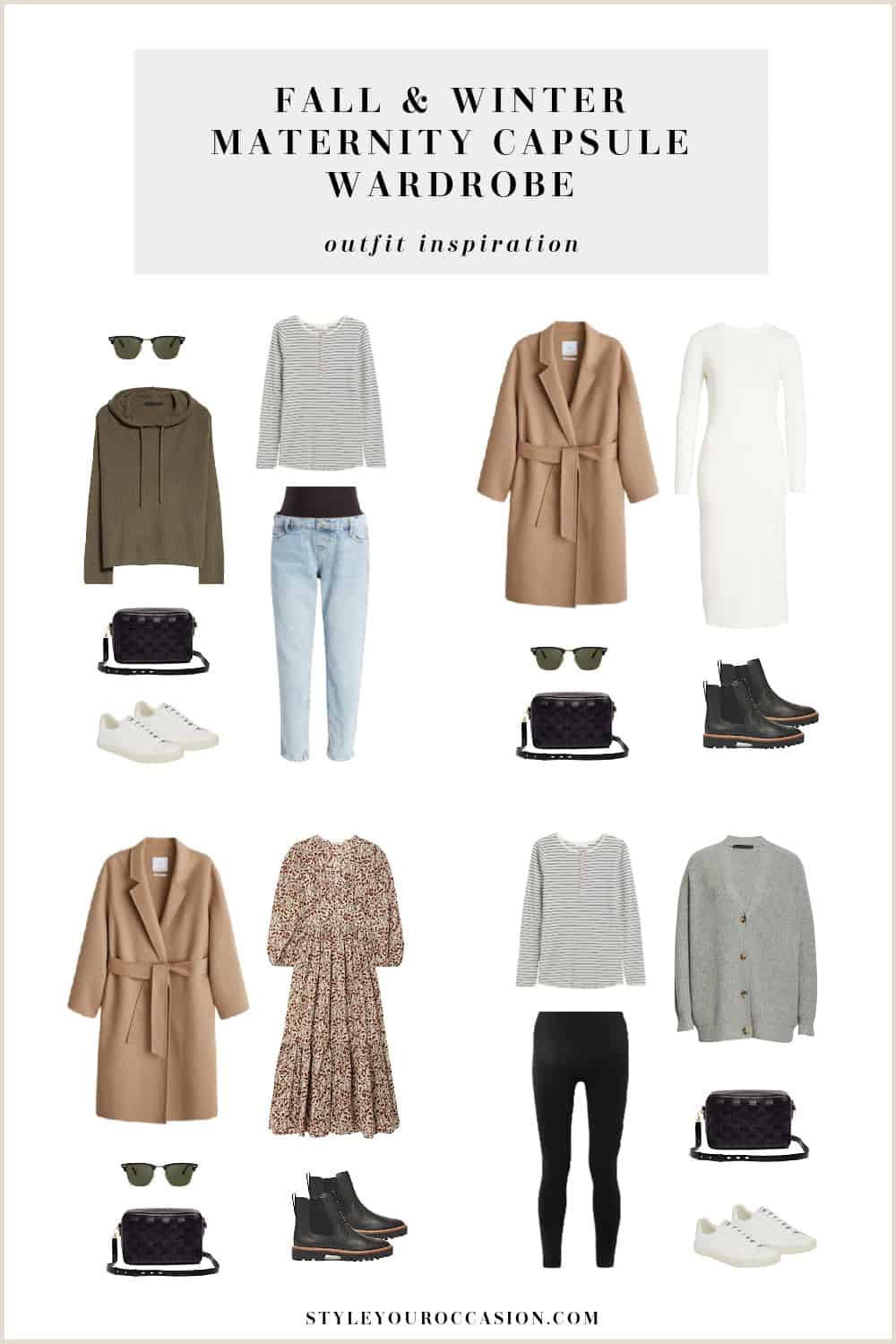 Pinterest collage of a maternity capsule wardrobe outfits for fall and winter with neutral clothing items, shoes, and accessories