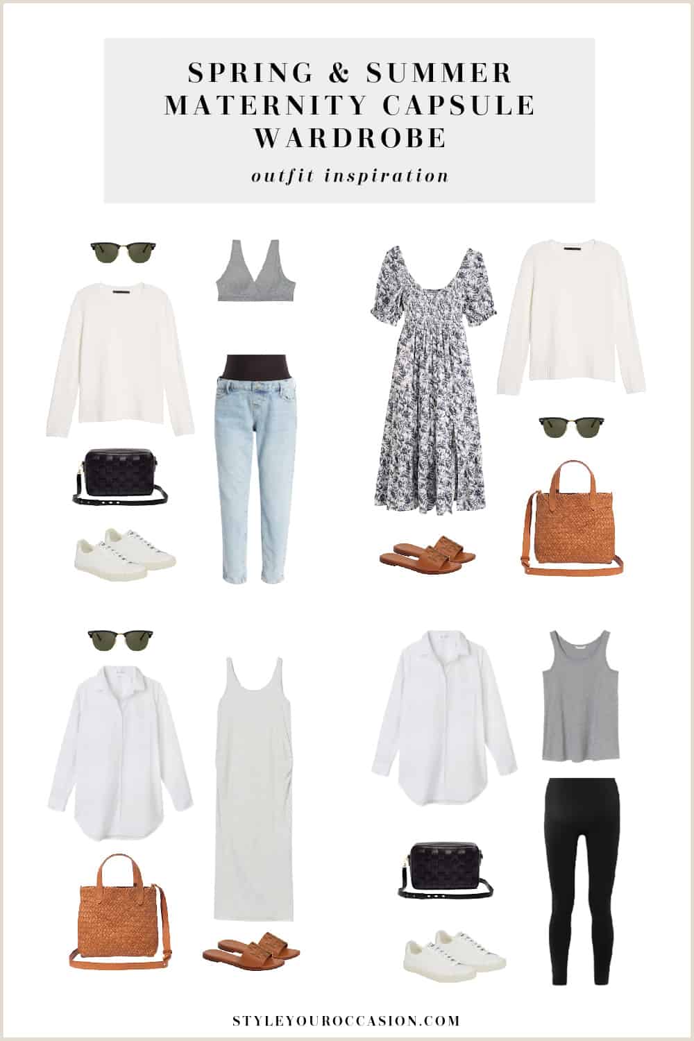 Pinterest collage of a maternity capsule wardrobe outfits for spring and summer with neutral clothing items, shoes, and accessories