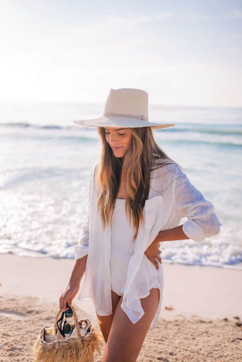 image of a woman on a beach wearing a white swimsuit, white button up shirt, and sun hat