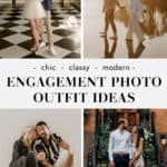 collage of four images of couples in an engagement photoshoot wearing different outfits with dresses and jeans.