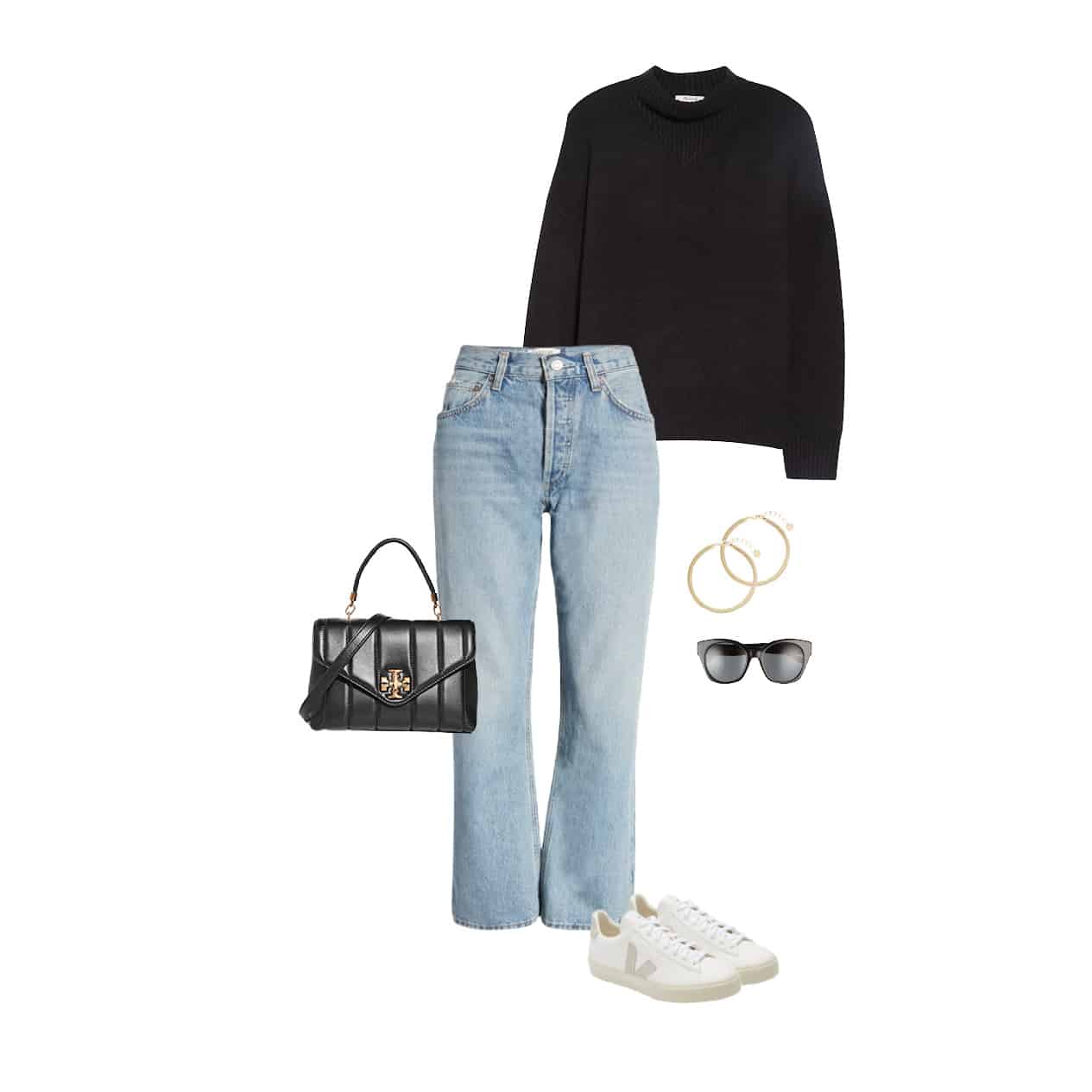 Outfit graphic with a black sweater, straight leg jeans, gold hoop earrings, black sunglasses, veja sneakers, and a black Tory Burch handbag.