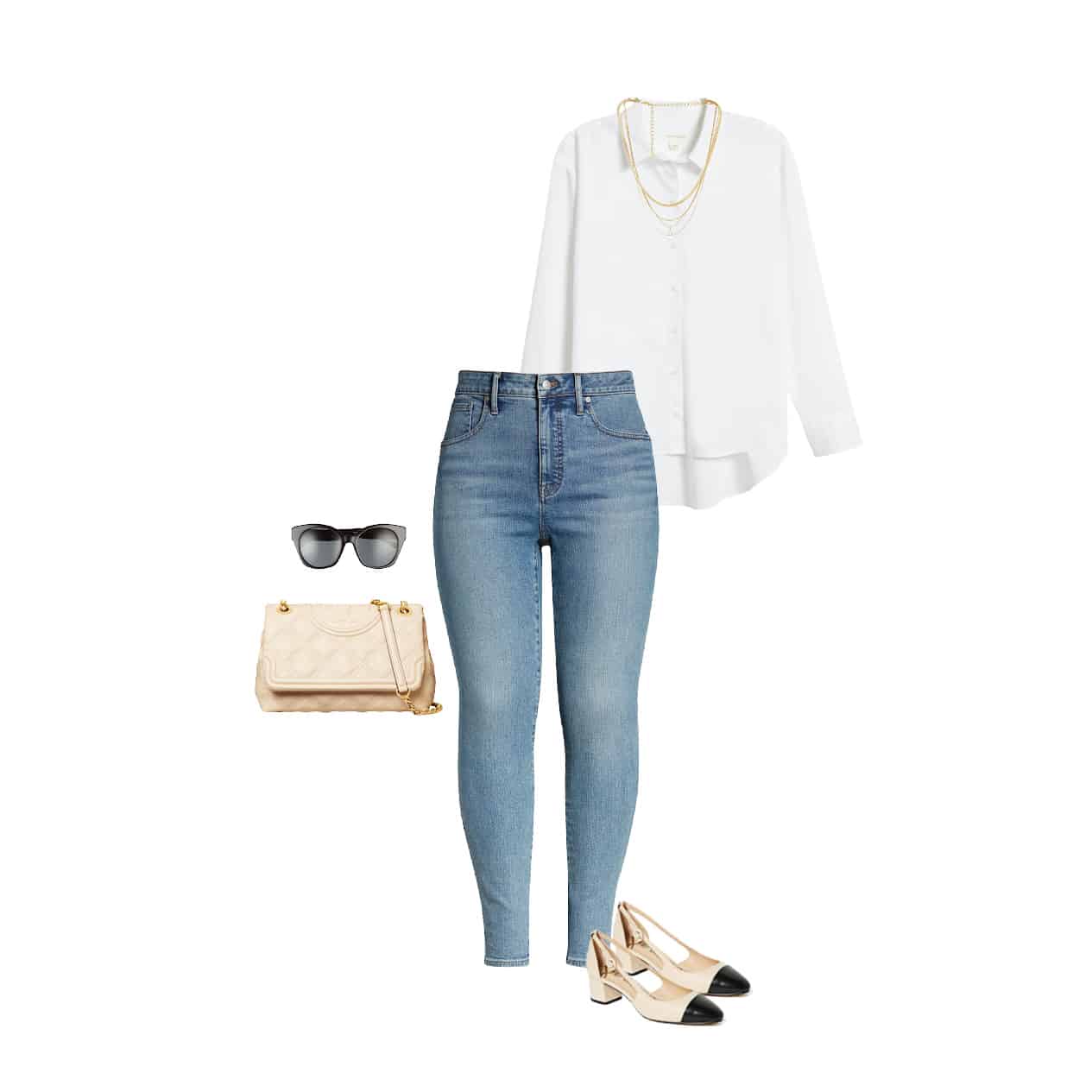 Outfit graphic of a white button down, mid-wash skinny jeans, black sunglasses, Chanel Mary Jane pumps, a beige Tory Burch handbag and long layered gold chain necklaces.