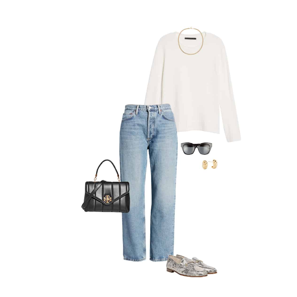 An outfit graphic of a white sweater, light wash straight leg jeans, black sunglasses, mini gold hoop earrings, black Tory Burch handbag, and snakeskin Oxford loafers.