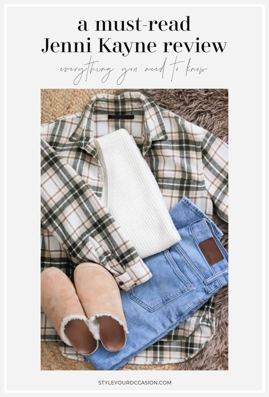 Flat lay of a flannel white sweater, jeans and cozy slippers.